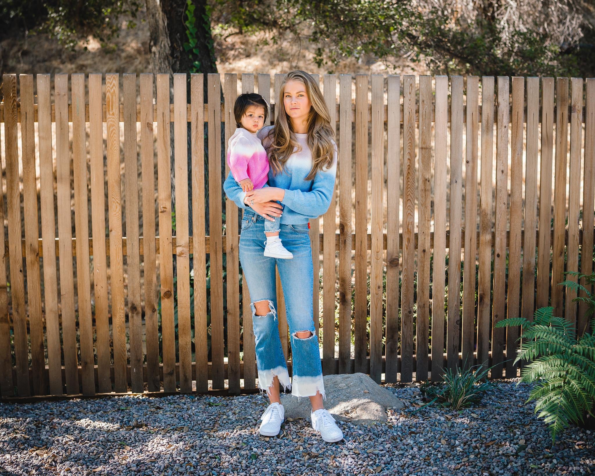 Women's blue dip dye sweater and kids pink dip dye sweater. 