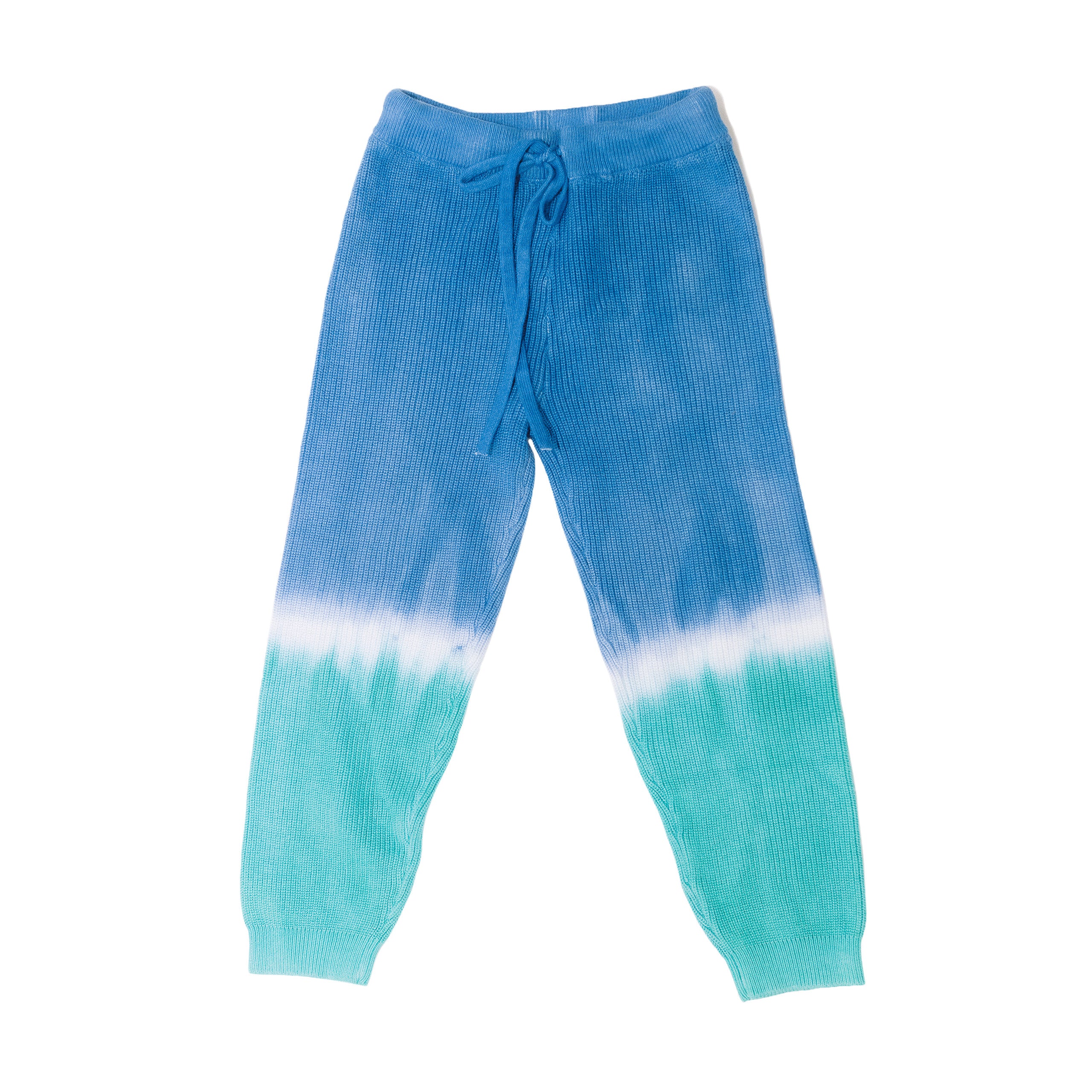 Blue and green dip dye knit pants front product shot.