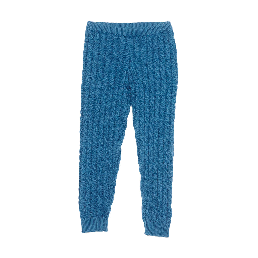 Blue cable knit pants front product shot.