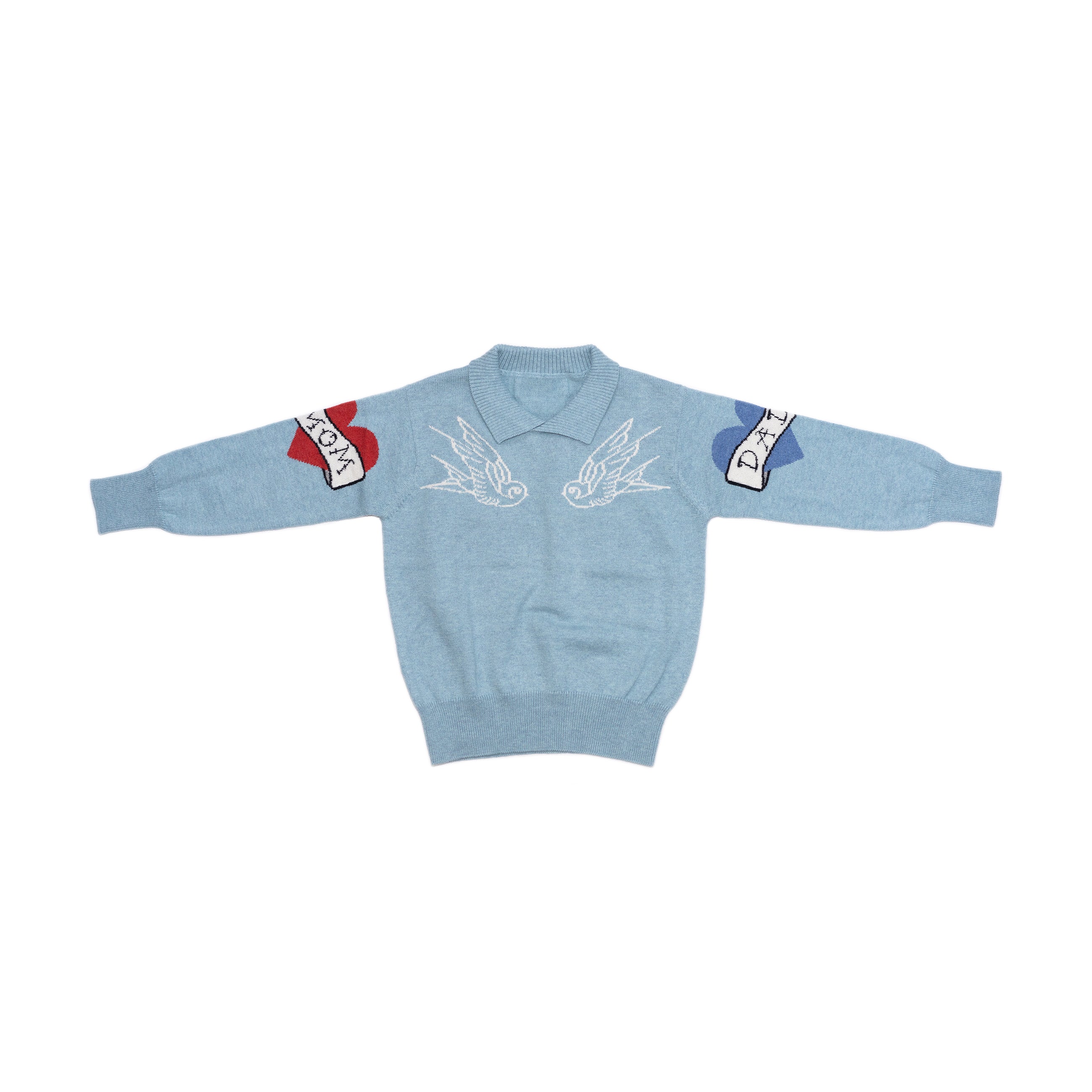 Front of kids chambray blue sailor sweater with collar. 