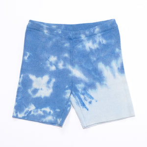 Front product shot of kids light blue tie dye shorts. 