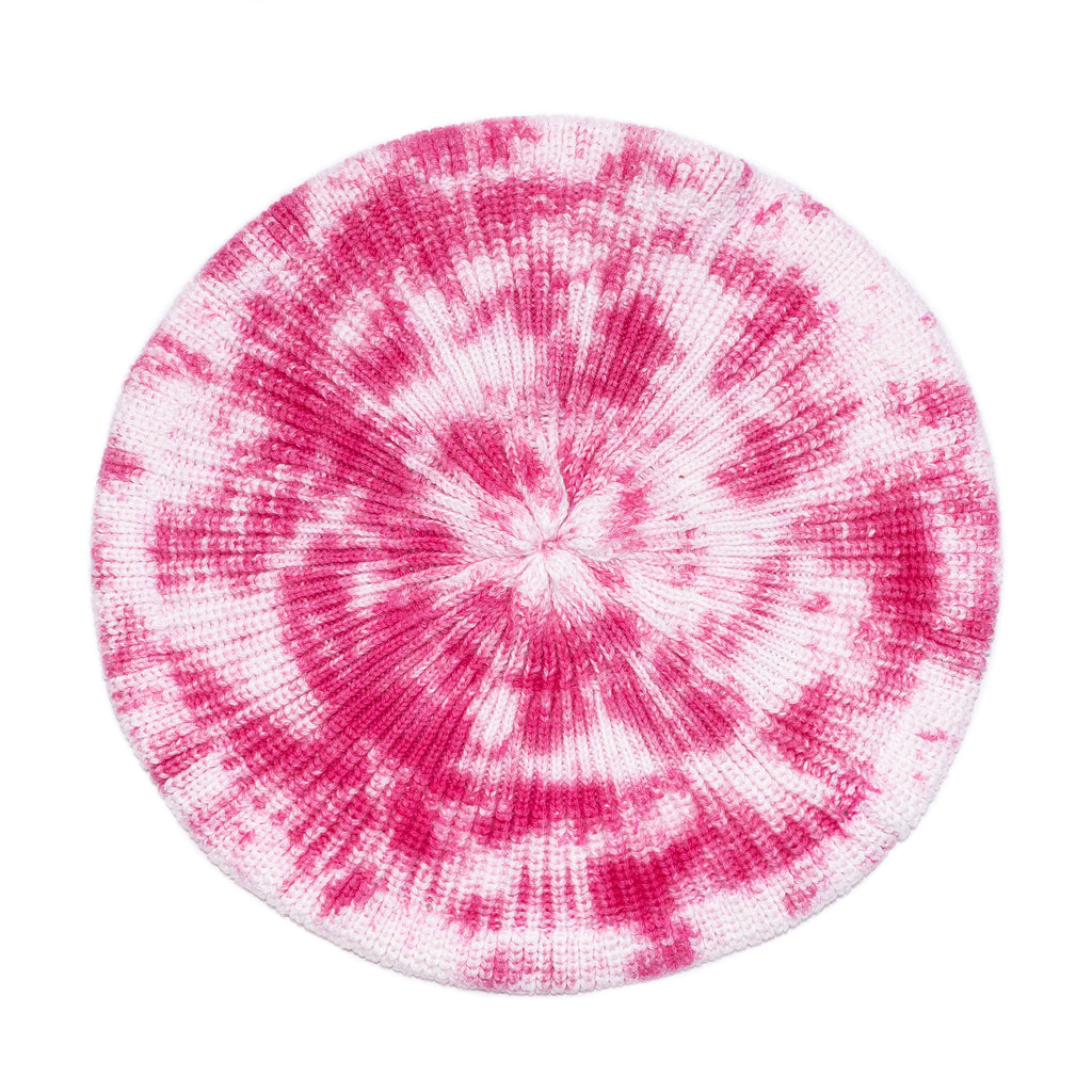 Product shot of top of kids fuchsia pink tie dye beret hat. 