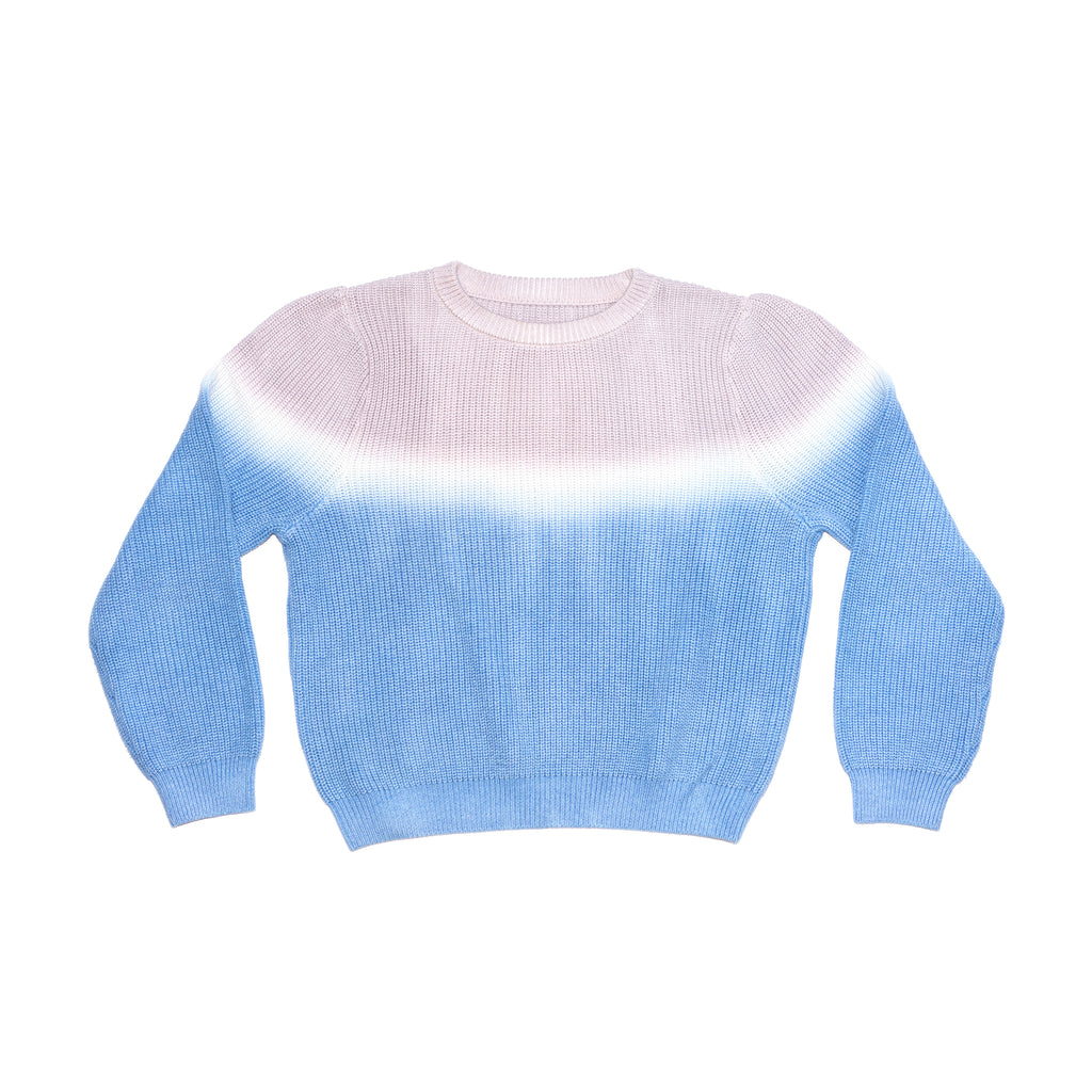 Front of women's blue dip dye sweater.