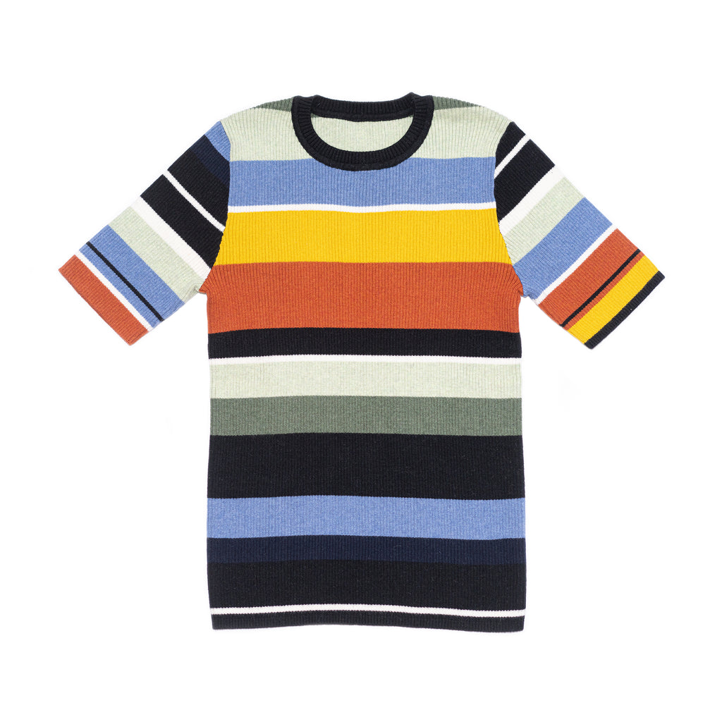 Front of women's multi stripe knit tee. 